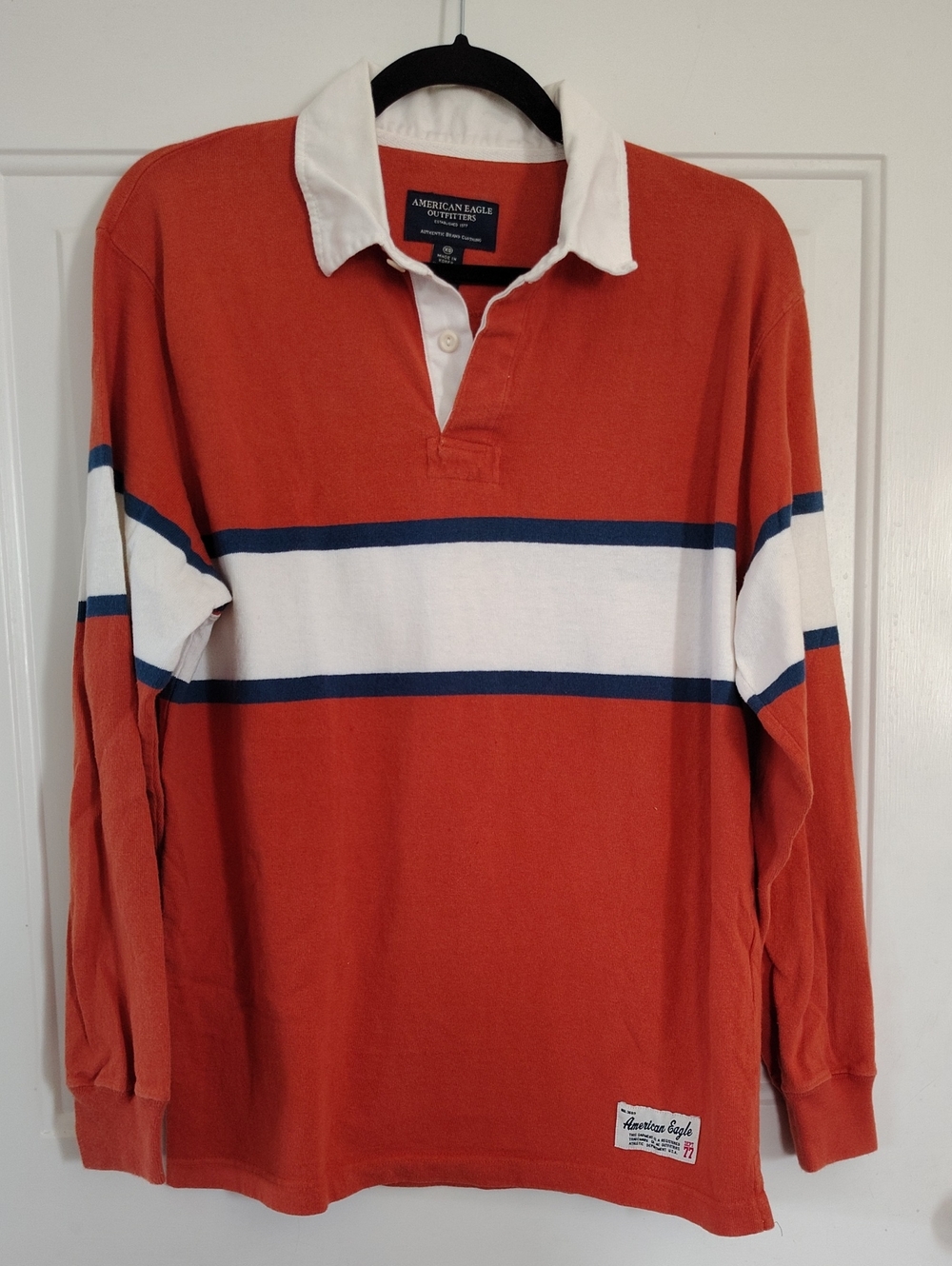 American Eagle Outfitters Rust Orange Rugby Polo with White and Navy Stripes XS